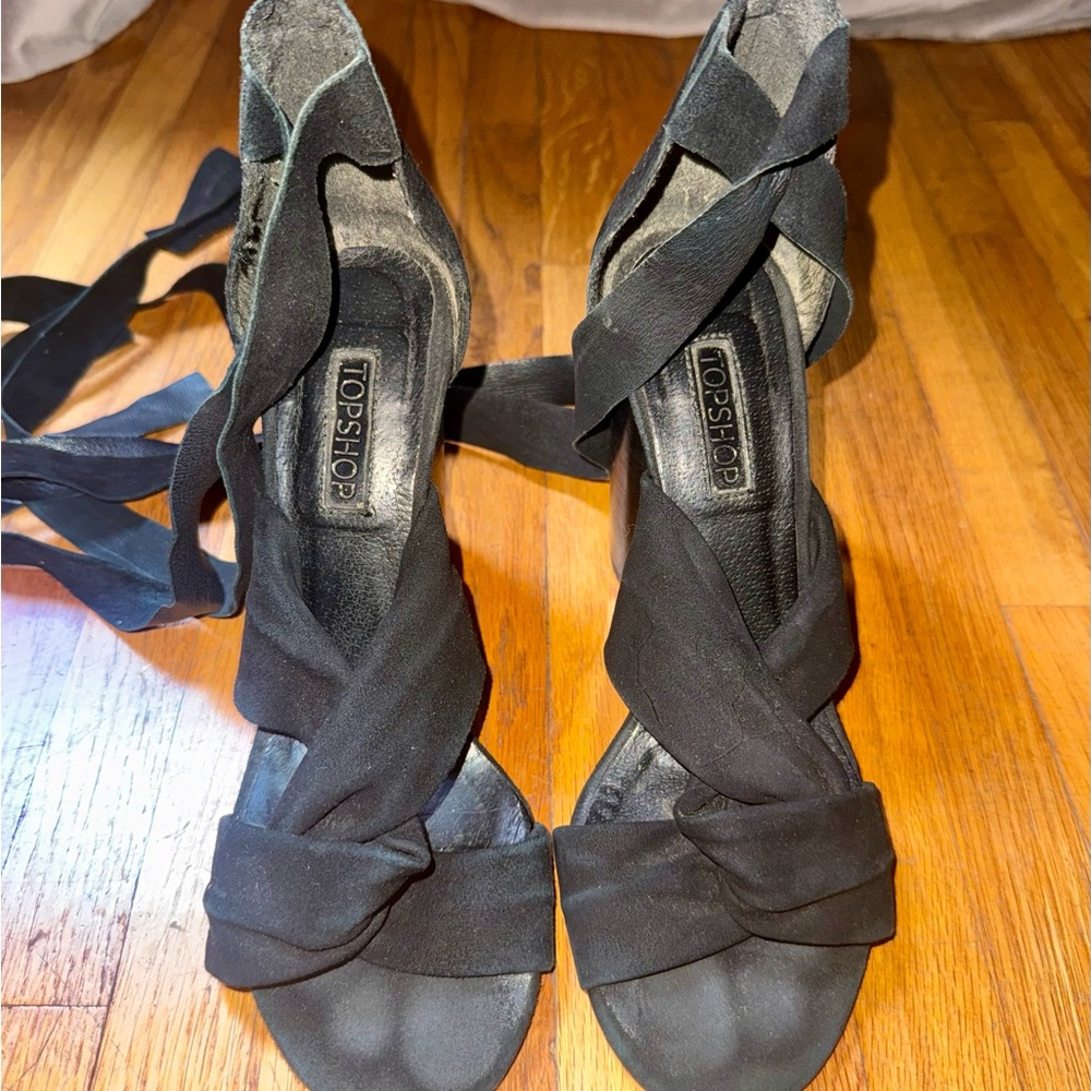 Topshop black suede ankle wrap sandals